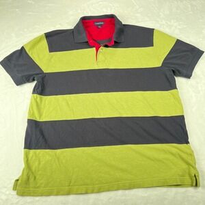 Lands End Mens XL Polo Shirt Navy Blue Lime Green Striped Corduroy Chunky Cotton